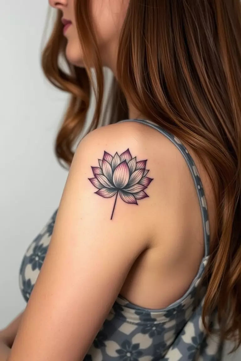 Realistic Lotus Flower A close-up photo of a woman showing her realistic lotus flower arm tattoo design.