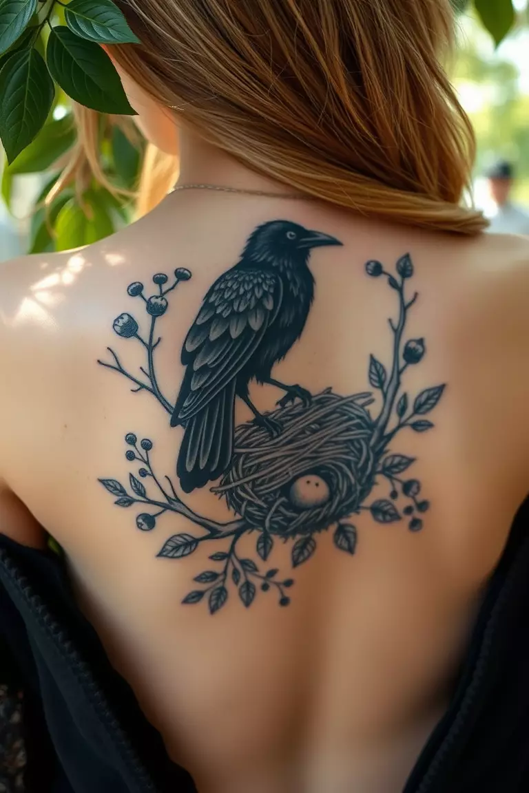 Crow Nesting in Branches A photo of a woman with a crow nesting among branches tattooed on her back, surrounded by leaves and nature elements.