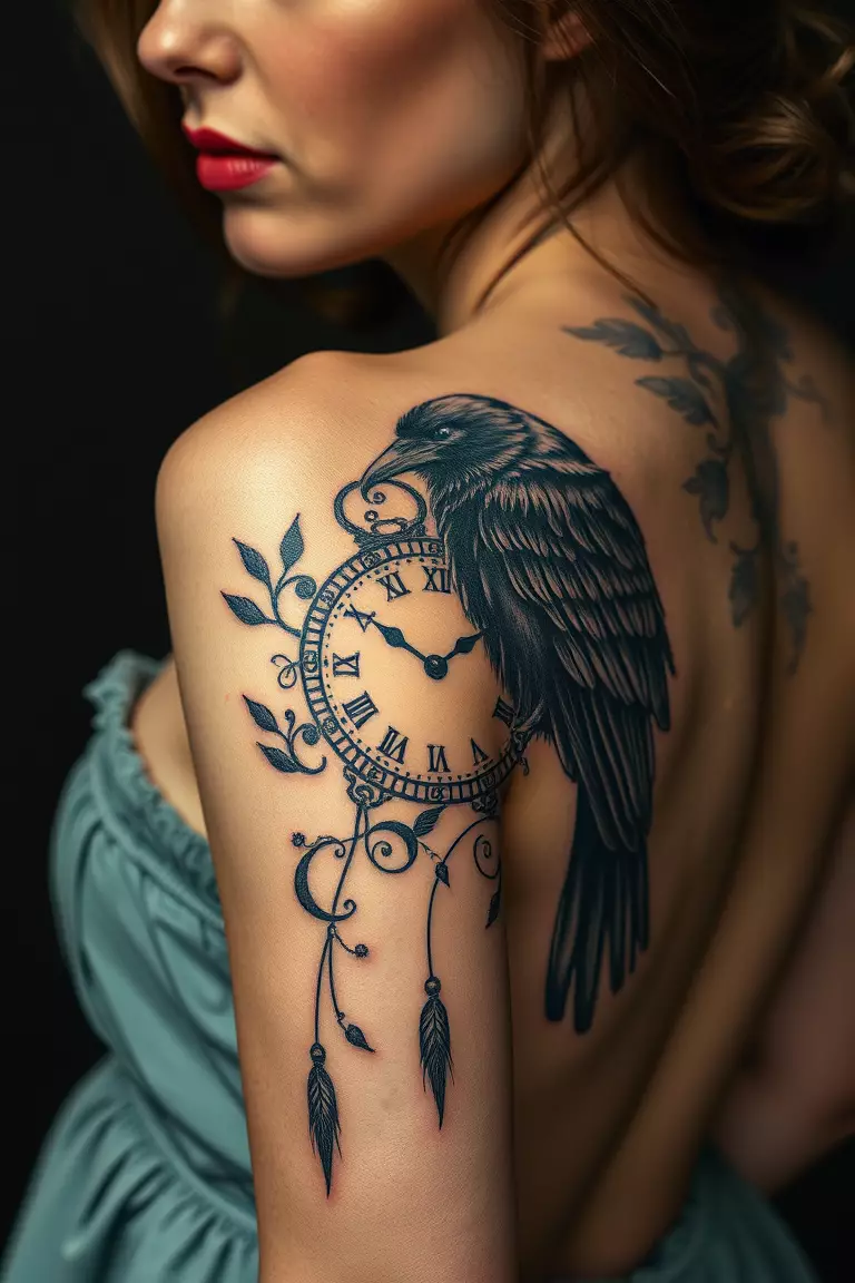 Vintage Style Crow With Clock A photo of a woman with a vintage style crow surrounded by a clock tattoo on her side, merging time and nature in intricate design.