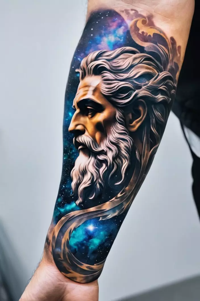 Men's Ethereal Zeus and Cosmos Sleeve Tattoo A close-up photo of a man showing his ethereal Zeus and cosmos sleeve tattoo, featuring cosmic elements swirling around a majestic Zeus.