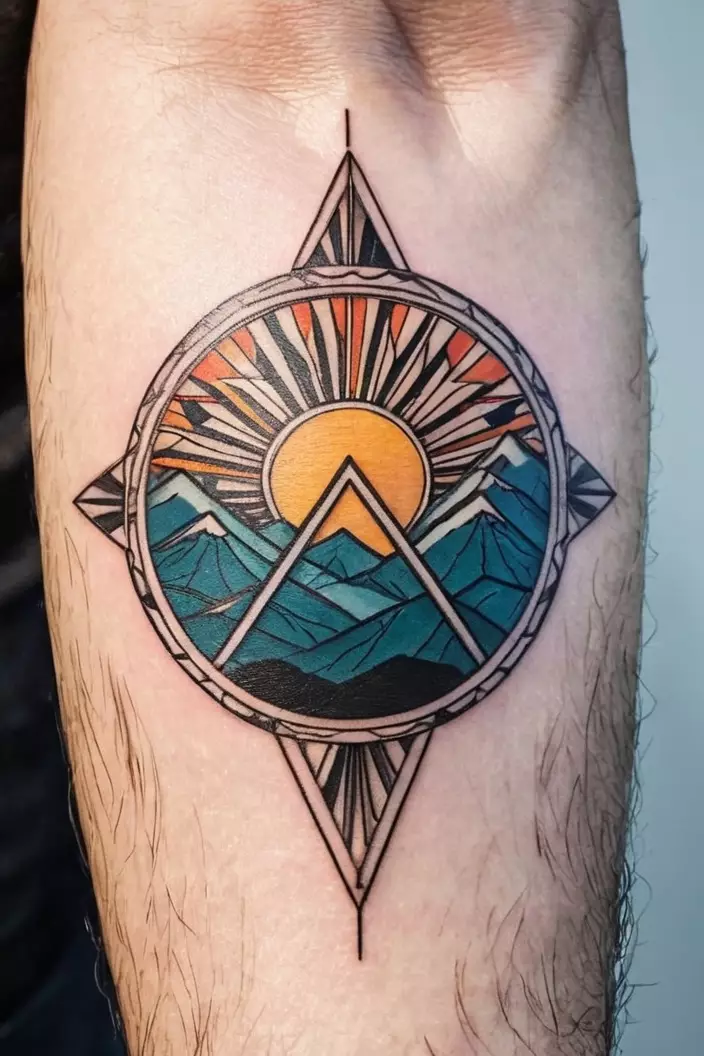 Geometric Sun and Mountain Outline Tattoo A close-up photo of a man showing his geometric sun and mountain outline tattoo, depicting a simple yet striking design of mountains and sun using geometric lines.