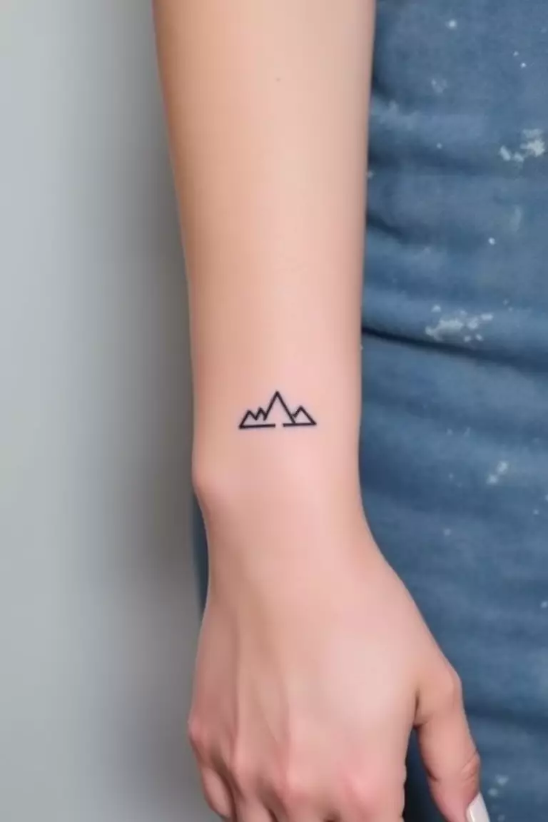 Tiny Mountain Tattoo A photo of a woman with a tiny mountain tattoo delicately placed on her wrist, showcasing a minimalistic design.