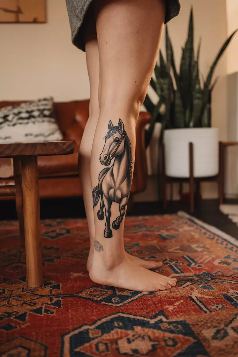 Old School Carnival Horse Tattoo A photo of a woman with an old school carnival horse tattoo, living room background.