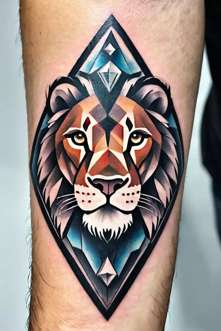 Diamond Lion Piece Tattoo A close-up photo of a man showing his diamond lion piece tattoo, showcasing a fierce lion designed using sharp angles and diamond shapes.