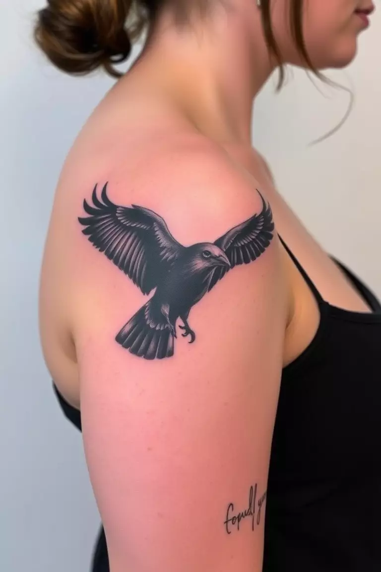 Realistic Crow in Flight A photo of a woman with a realistic crow in flight tattoo on her upper arm, capturing the beauty of motion and detail.