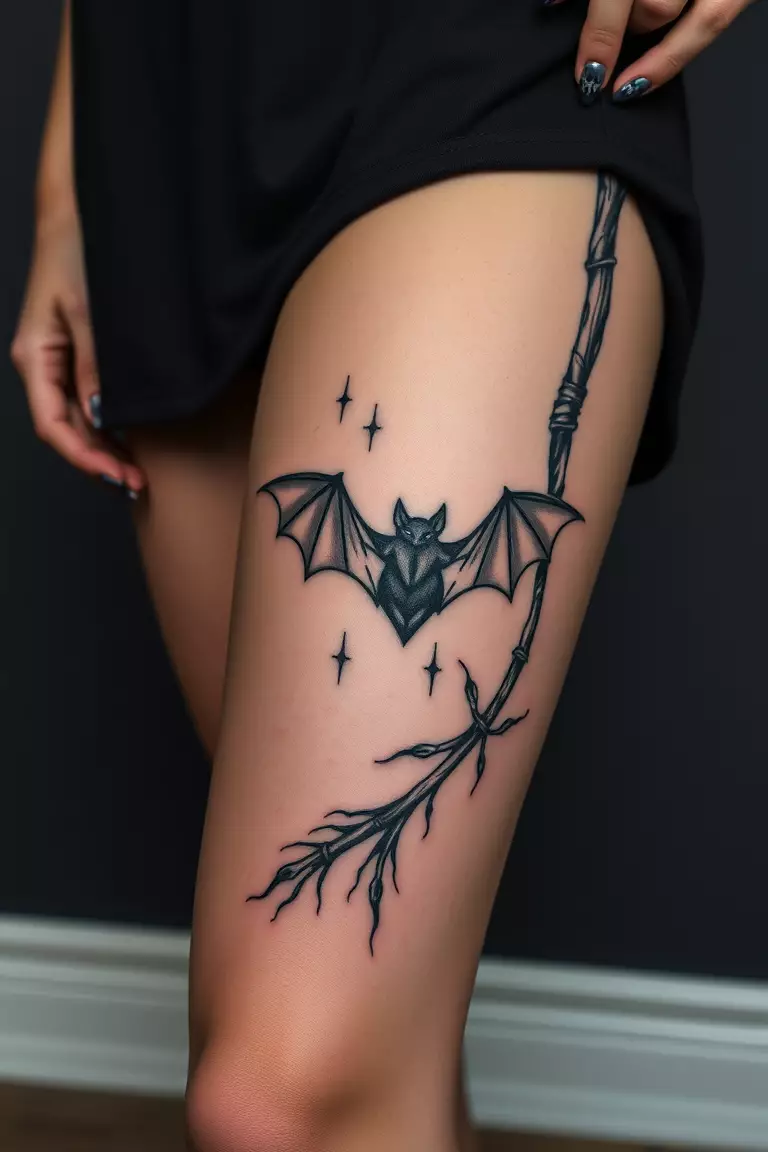 Blackwork Bat Tattoo on a Witch’s Broom A close-up photo of a woman showing her blackwork bat tattoo on a witch’s broom, featuring intricate designs in black ink on her thigh.