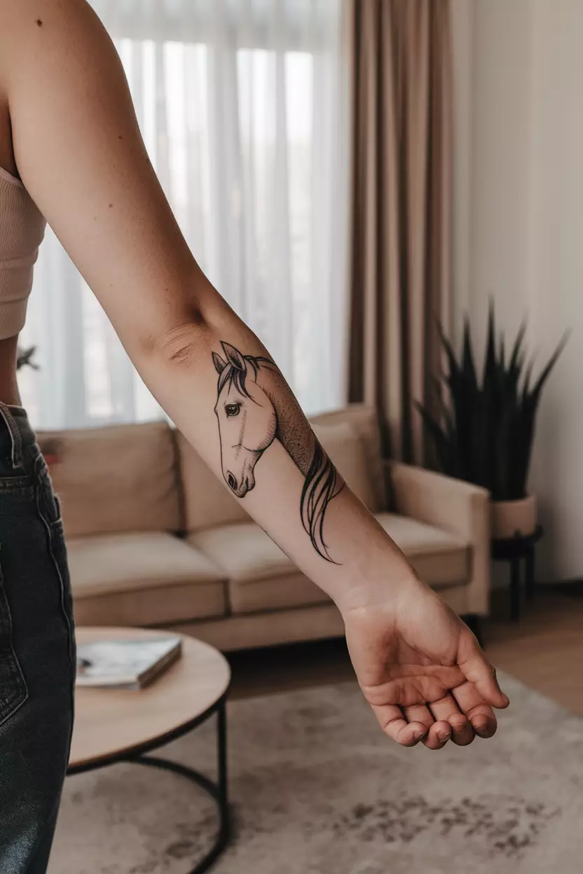Abstract Handpoked Horse Shadow Tattoo On Outer Forearm A photo of a woman with an abstract handpoked horse shadow tattoo on her outer forearm, living room background.