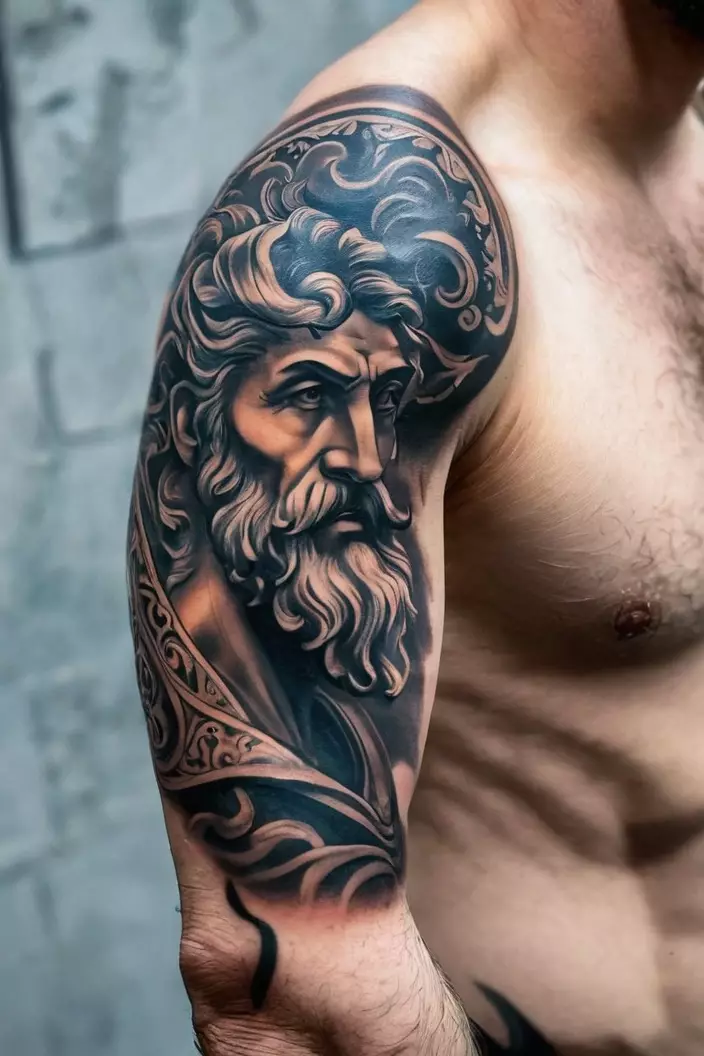 Whimsical Zeus Arm Tattoo For Men with Surreal Elements A close-up photo of a man showing his whimsical Zeus arm tattoo for men with surreal elements, reflecting playful designs and imaginative interpretations.