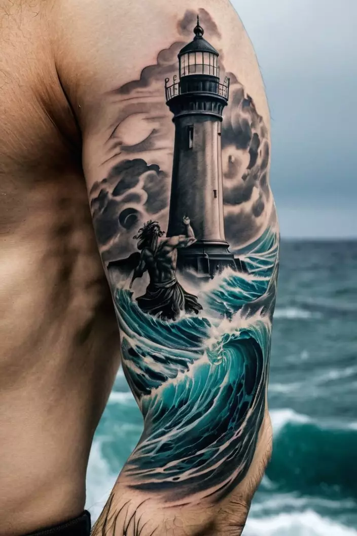 Men's Stormy Poseidon and Lighthouse Upper Arm Tattoo A photo of a man with a stormy Poseidon and lighthouse upper arm tattoo, illustrating turbulence in the sea and mythology.
