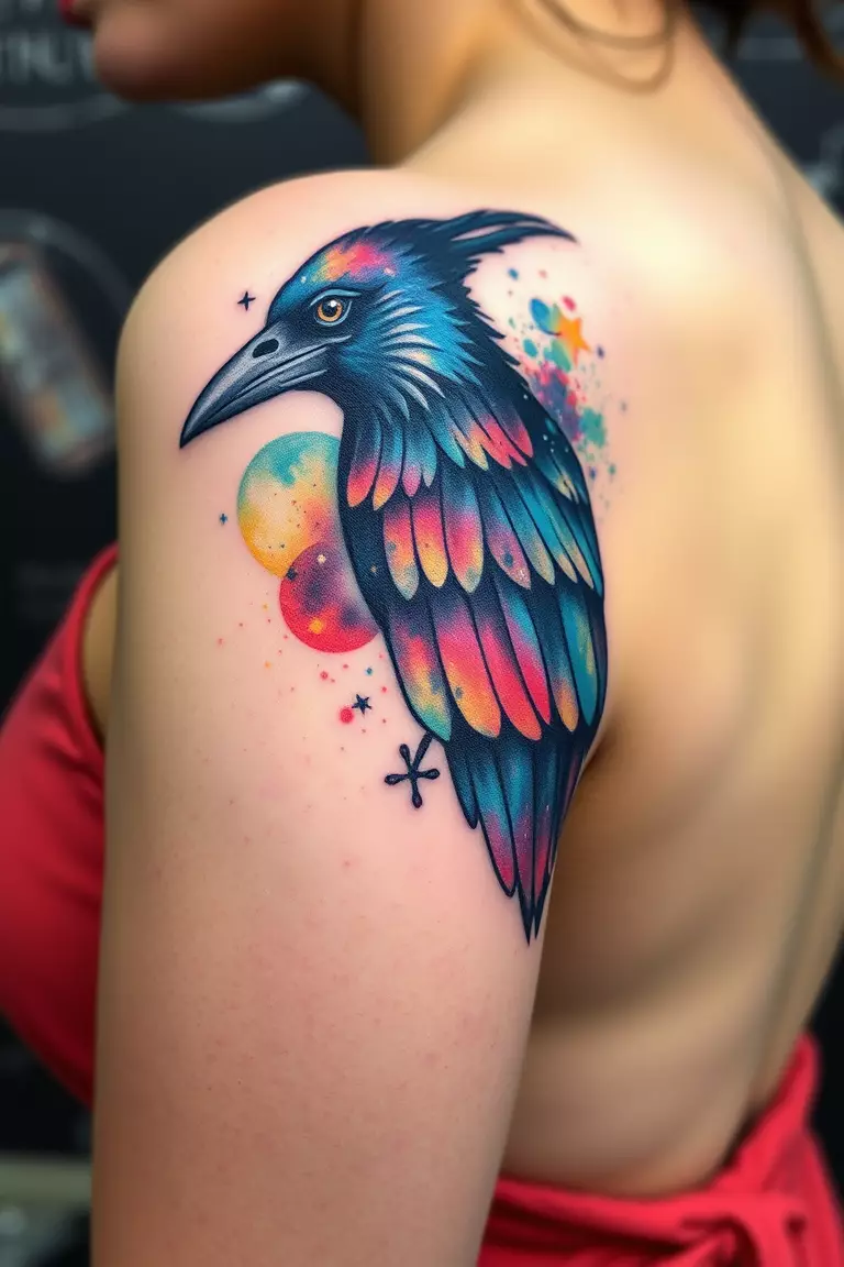 Watercolor Crow With Galaxy Background A photo of a woman with a vibrant watercolor crow tattoo blending into a galaxy background on her upper arm, showcasing colors and cosmic elements.