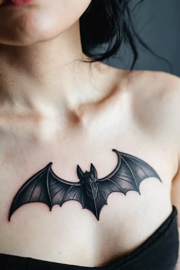 Mysterious Blackwork Bat Tattoo A close-up photo of a woman showing her mysterious blackwork bat tattoo, featuring hidden elements, on her chest.