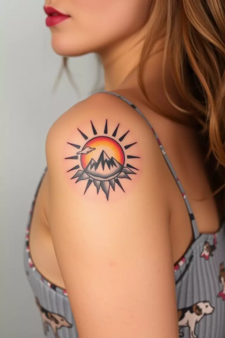 Sun and Mountain Tattoo A photo of a woman with a sun and mountain tattoo on her upper arm, radiating warmth and positivity.