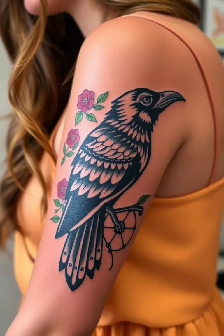 Day of the Dead Crow Design A photo of a woman with a Day of the Dead crow design tattoo on her arm, filled with vibrant colors and festive elements.