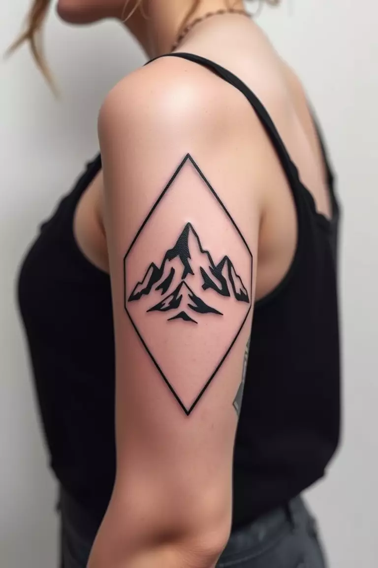 Mountain Tattoo in the Frame A photo of a woman with a mountain tattoo framed within a geometric outline on her upper arm, creating a bold aesthetic.