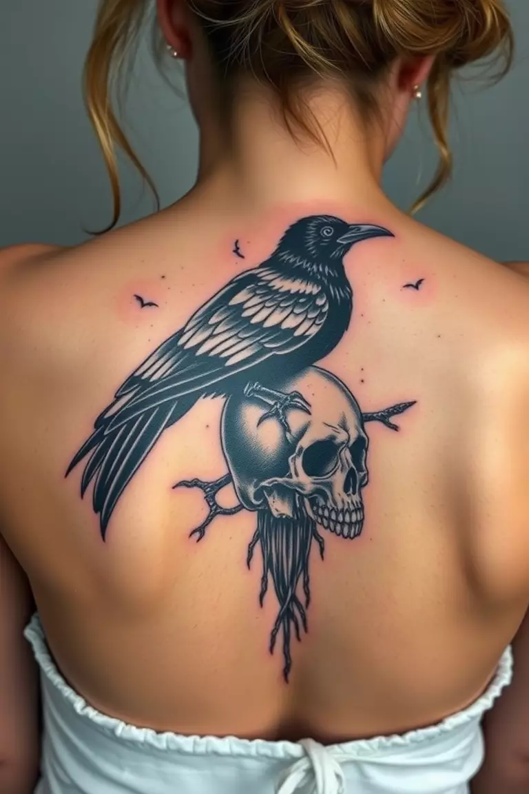Crow Perched on A Skull A photo of a woman with a striking crow tattoo on a skull tattoo on her back, merging themes of life and death in the artwork.