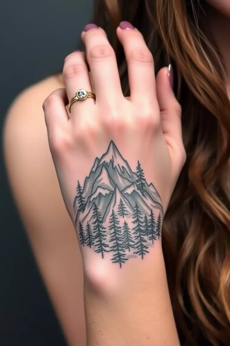 Mountain Hand Tattoo A photo of a woman with a detailed mountain hand tattoo wrapping around her fingers, incorporating natural elements.