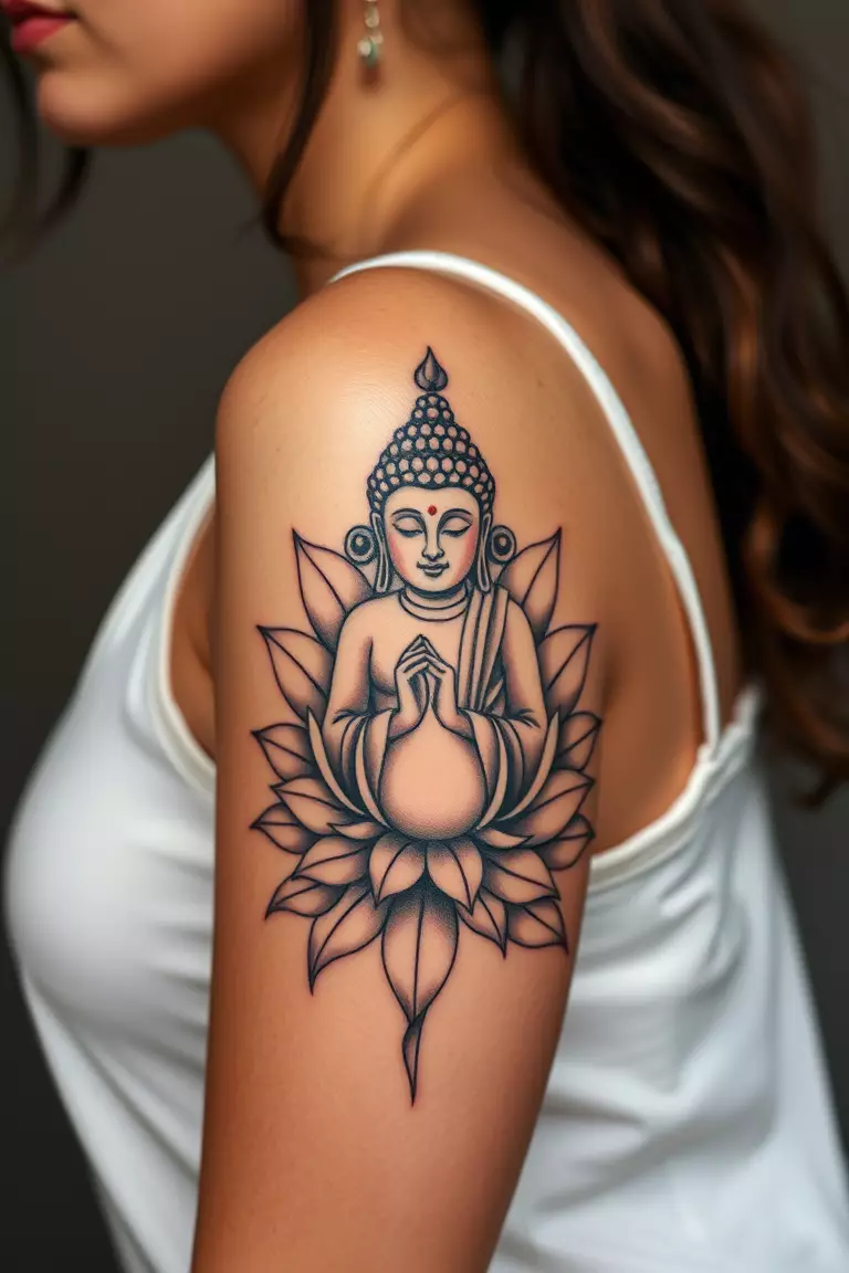 Buddha And Lotus Flower A close-up photo of a woman showing her Buddha and lotus flower arm tattoo design.