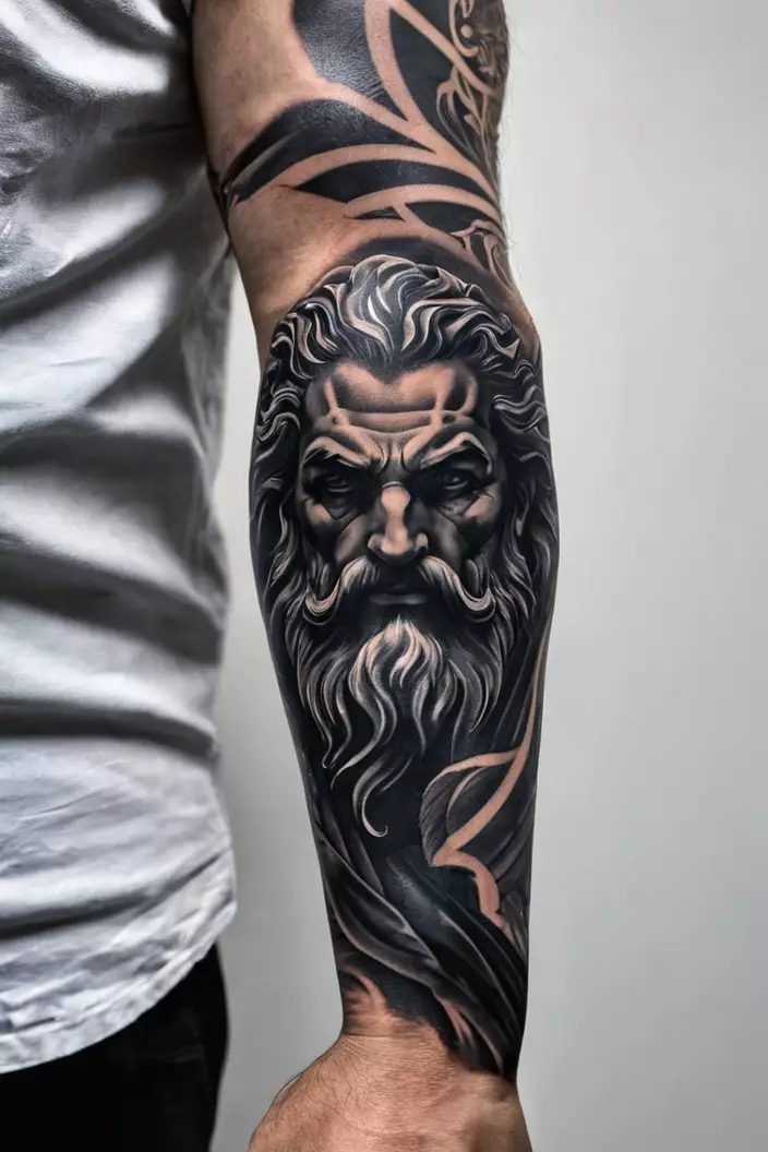 Dark Monochrome Zeus Sleeve Tattoo For Men A close-up photo of a man showing his dark monochrome Zeus sleeve tattoo for men, showcasing deep contrasts and a bold, powerful portrayal of Zeus.