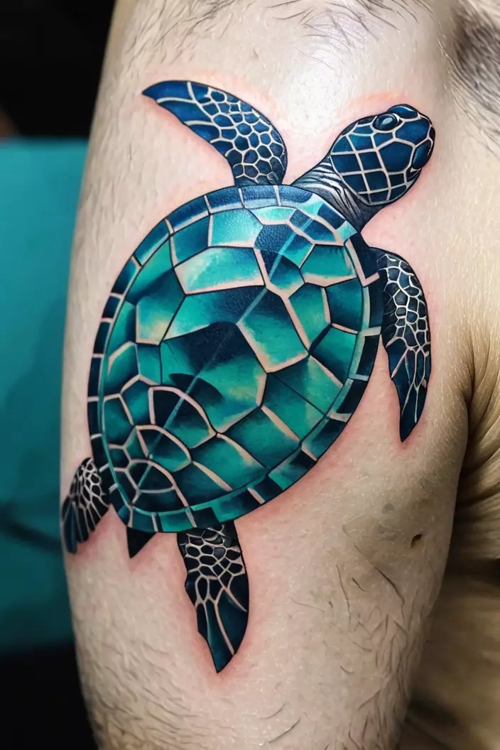 Geometric Aquatic Turtle A close-up photo of a man showing his geometric aquatic turtle tattoo, showcasing a turtle combined with wave-like geometric patterns.