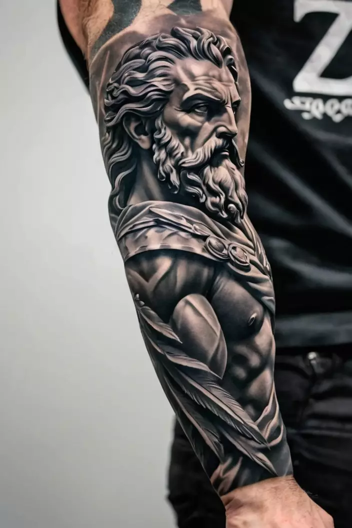 Full-Sleeve Zeus in Black and Gray Men’s Tattoo A close-up photo of a man showing his full-sleeve Zeus in black and gray men’s tattoo, emphasizing dramatic shading and a mythological theme.