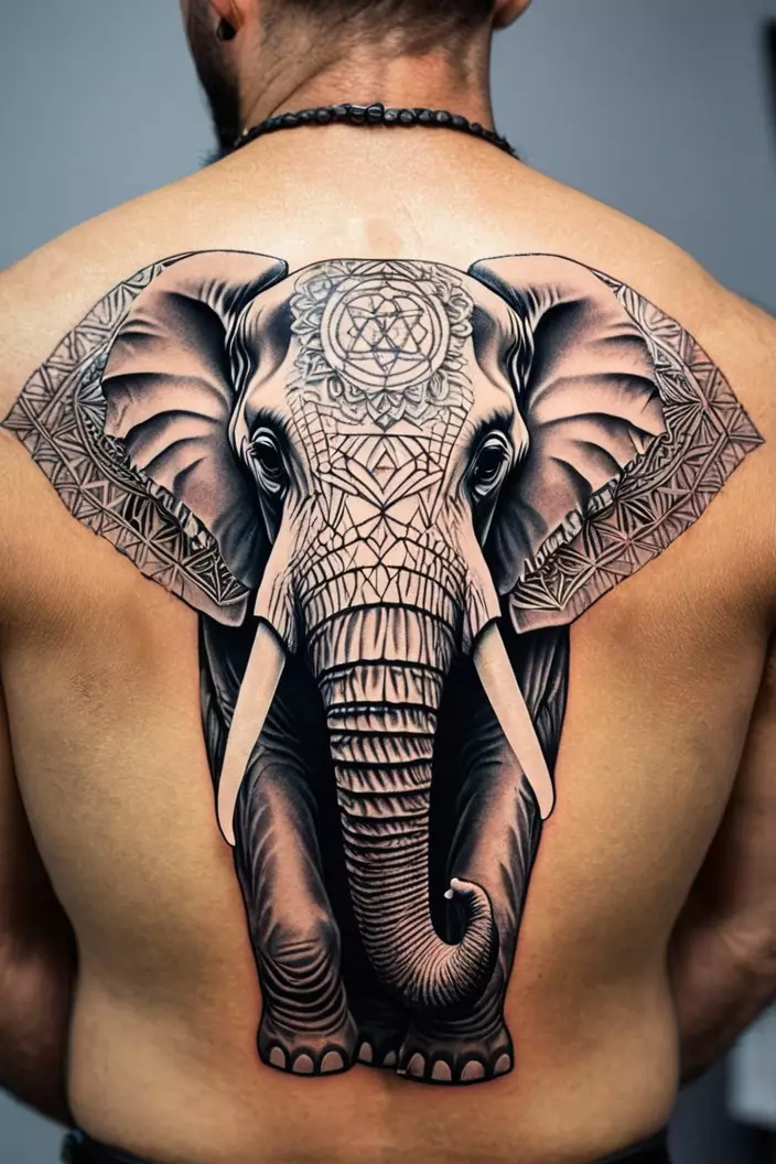 Elephant – A Sacred Geometry Tattoo A close-up photo of a man showing his sacred geometry elephant tattoo, featuring an elephant designed with sacred geometry patterns that emphasize spirituality.