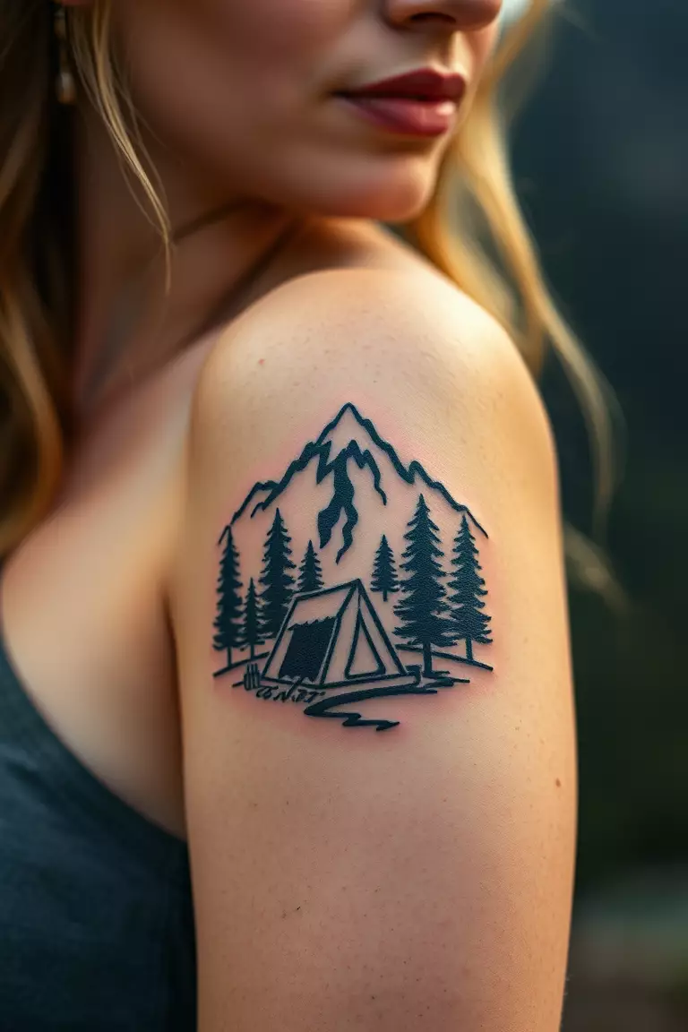 Camping Mountain Tattoo A photo of a woman with a camping mountain tattoo featuring a tent and pine trees nestled among the peaks.