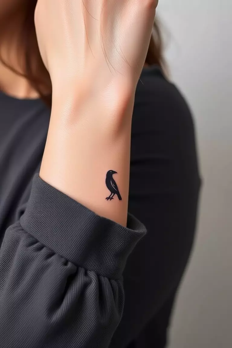 Minimalist Crow Outline A photo of a woman showcasing a minimalist crow outline tattoo on her wrist, emphasizing simplicity and elegance.