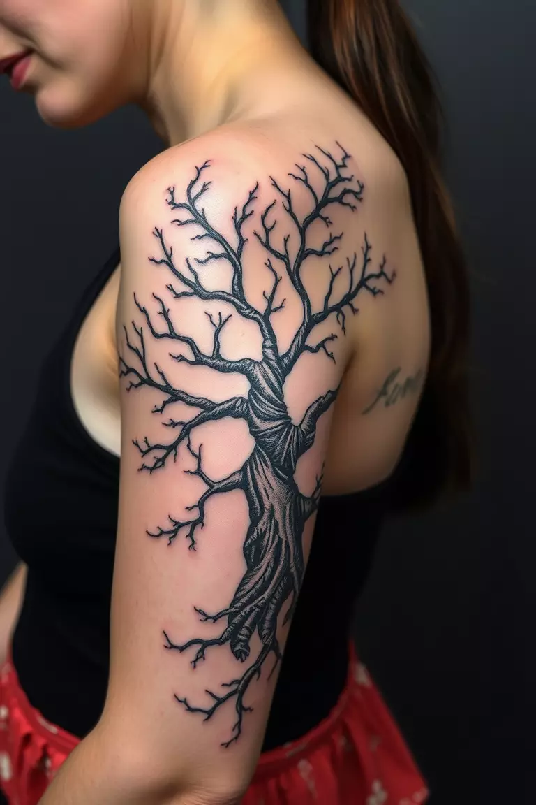 Black And Grey Poison Tree A photo of a woman with a black and grey poison tree tattoo wrapped around her upper arm, featuring intricate details and shading.