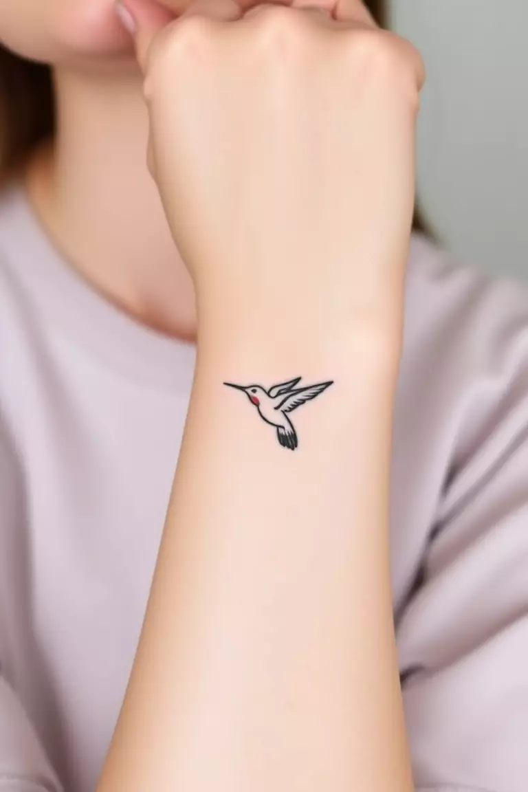 Minimalist Hummingbird Tattoo on Wrist A photo of a woman with a minimalist hummingbird tattoo on her wrist, in simple black outline