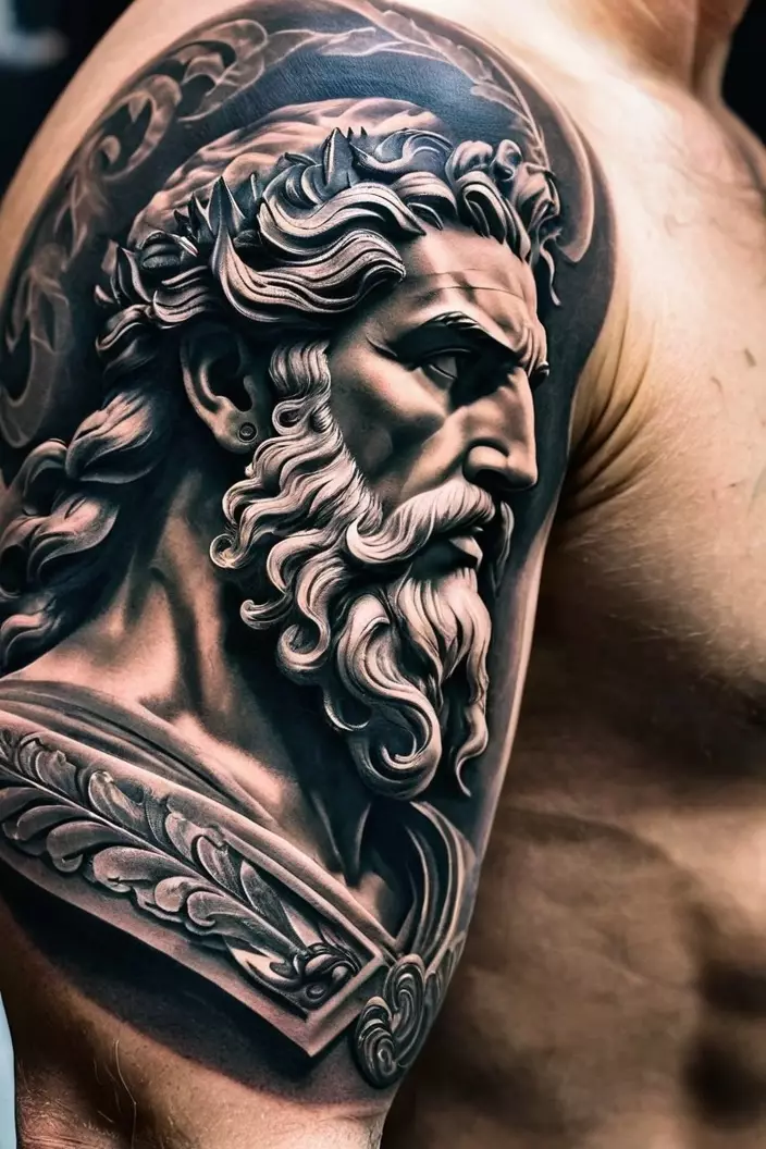 Detailed Zeus Tattoo on Men’s Arm A close-up photo of a man showing his detailed Zeus tattoo on men’s arm, showcasing intricate designs and powerful imagery of Zeus.