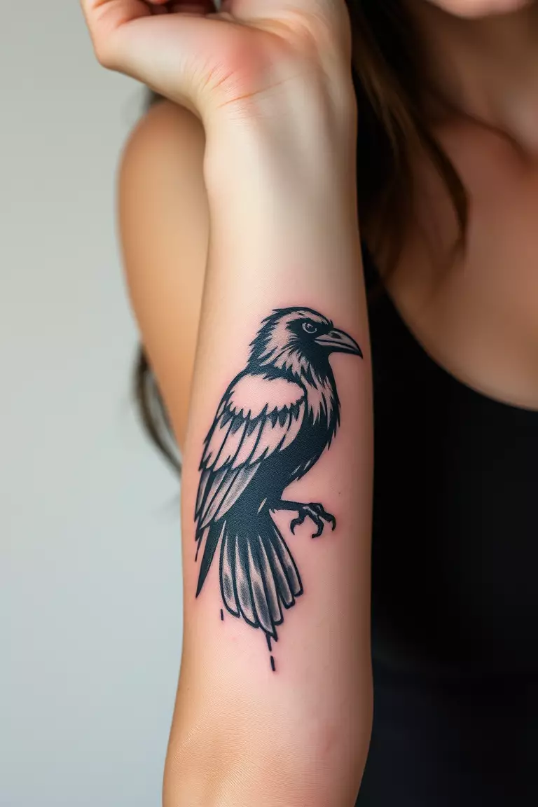 Grunge Style Crow Tattoo A photo of a woman with a grunge style crow tattoo on her forearm, featuring distressed edges and dark ink tones.