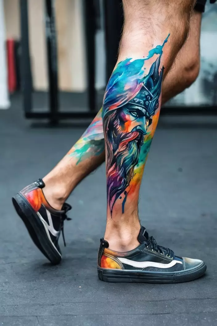 Men's Colorful Watercolor Poseidon Leg Tattoo A photo of a man with a colorful watercolor Poseidon leg tattoo, characterized by fluid colors and artistic brush strokes.