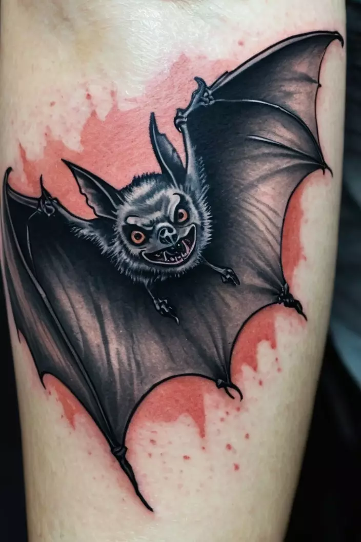 Scary Black and Gray Bat Tattoo A close-up photo of a woman showing her scary black and gray bat tattoo, featuring dramatic elements.