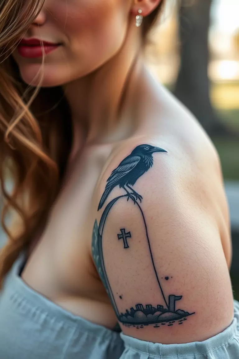 Crow on A Grave Stone A photo of a woman with a crow sitting on a grave stone tattoo on her side, evoking a sense of remembrance and connection to the past.