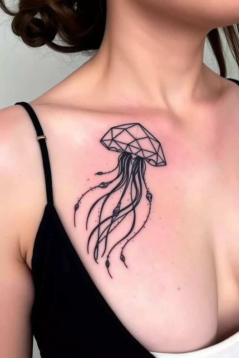 Geometric Jellyfish Tattoo With Shapes A close-up photo of a woman showing her geometric jellyfish tattoo with shapes.