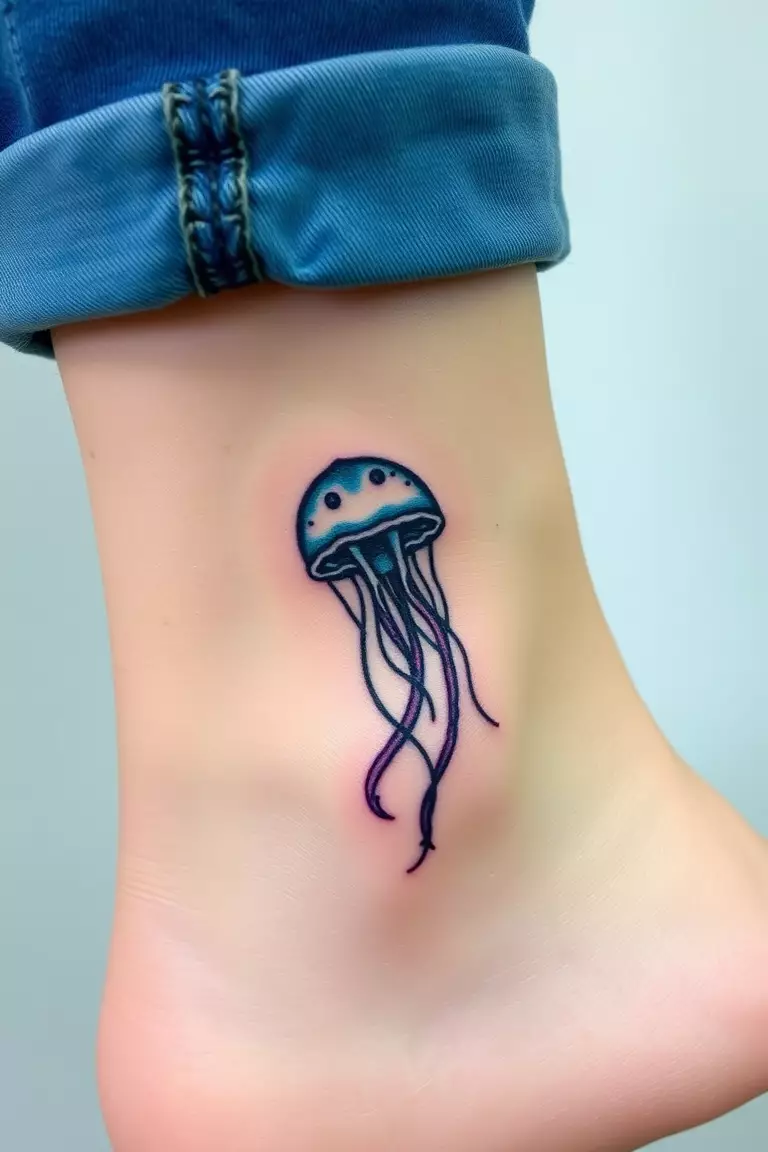 Small Ankle Jellyfish Tattoo A close-up photo of a woman showing her small ankle jellyfish tattoo.