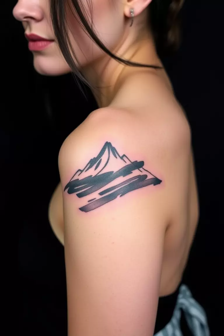 Brush Stroke Mountain Tattoo A photo of a woman with a brush stroke mountain tattoo across her shoulder, displaying fluid, artistic strokes.