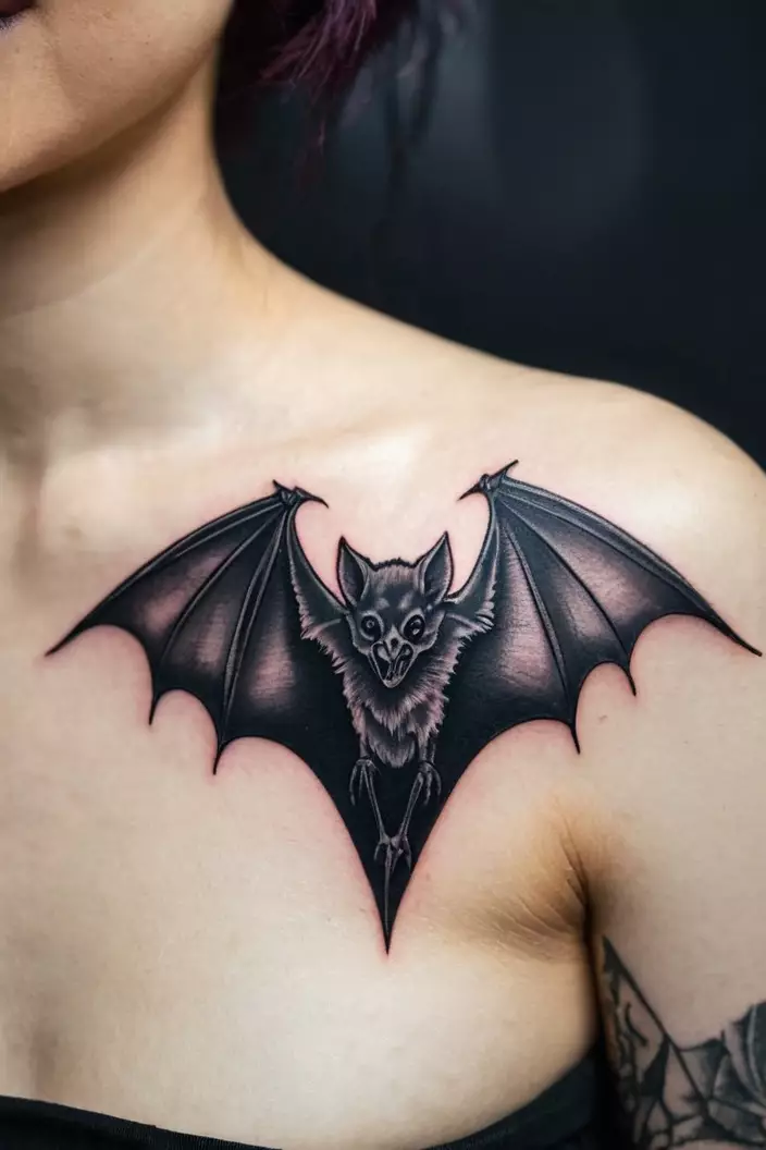 Blackwork Vampire Bat A close-up photo of a woman showing her blackwork vampire bat tattoo, bold and dark, on her shoulder.