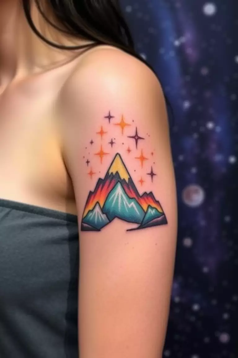 Colorful Mountain and Stars Tattoo A photo of a woman with a colorful mountain and stars tattoo on her upper arm, illustrating a night sky backdrop.