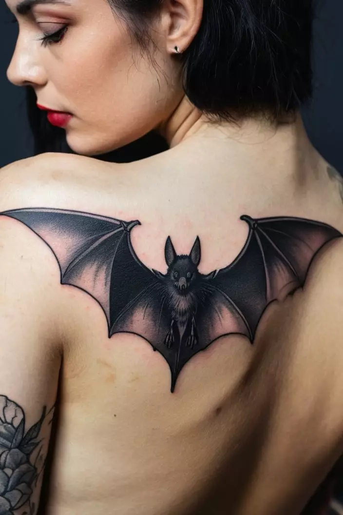 Blackwork Bat Tattoo A close-up photo of a woman showing her blackwork bat tattoo, heavily shaded and bold, on her back.