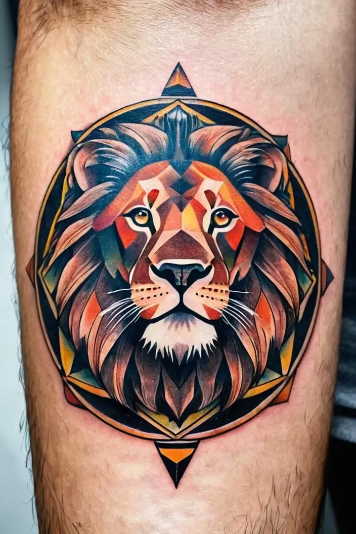 Lion with Circle Geometric A close-up photo of a man showing his lion with circle geometric tattoo, illustrating a majestic lion encircled by geometric shapes that enhance its power.