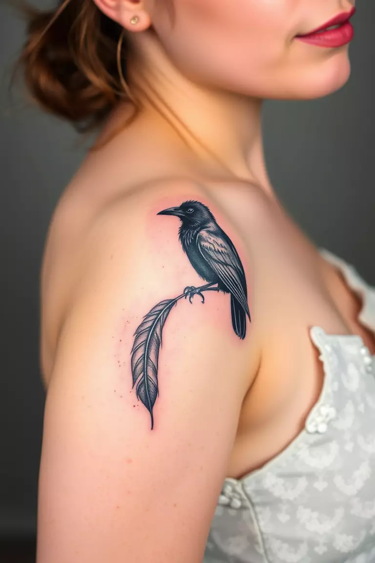 Crow and Feather Combination A photo of a woman with a small crow holding a feather tattoo on her arm, illustrating a harmonious blend of elements.