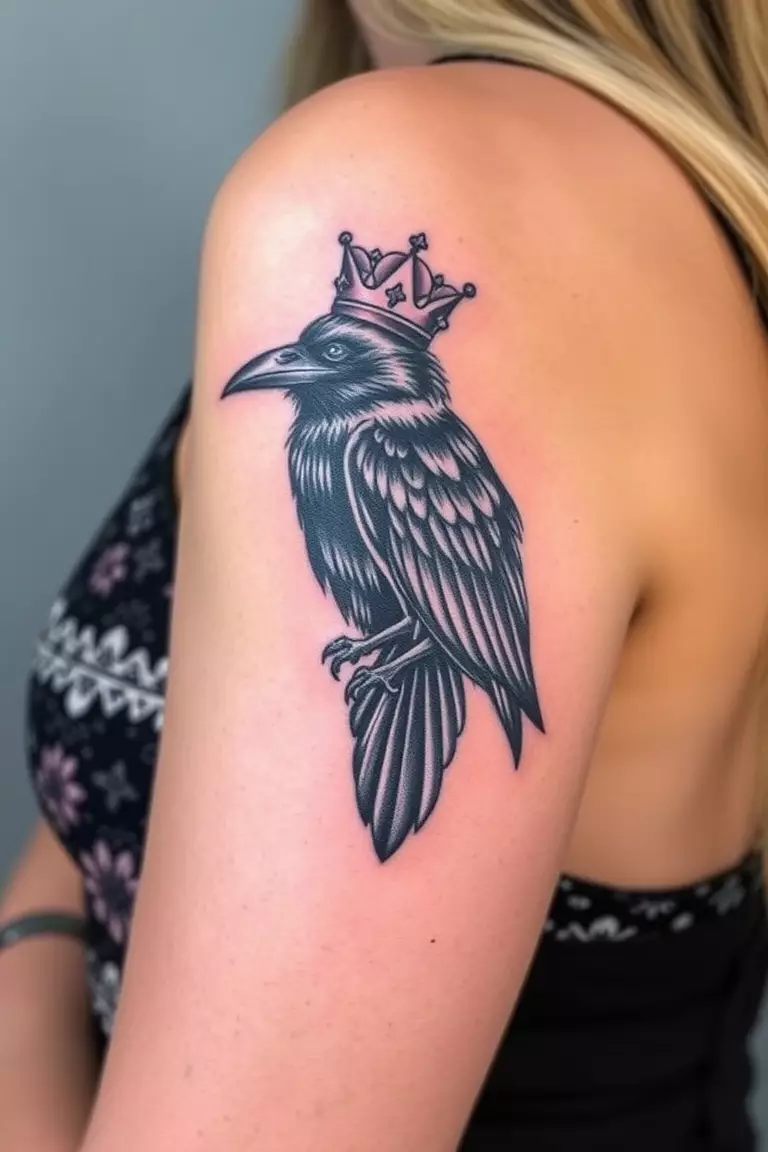 Crow Wearing A Crown A photo of a woman with a regal crow wearing a crown tattoo on her bicep, representing power and majesty.