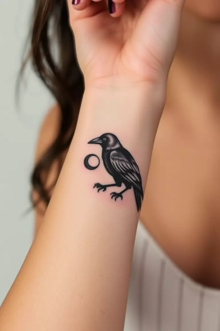Crow and Moon Phases A photo of a woman displaying a crow and moon phases tattoo on her wrist, exploring themes of time and transformation.