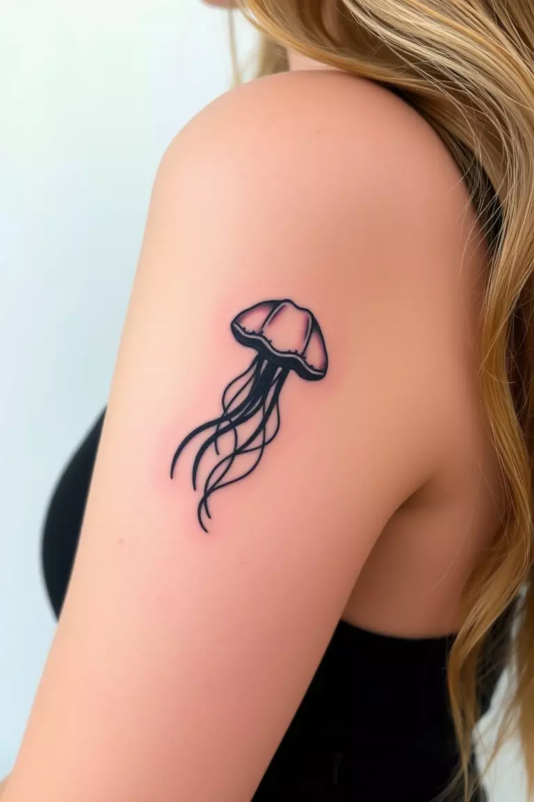 Jellyfish Silhouette Tattoo In Black Ink A close-up photo of a woman showing her jellyfish silhouette tattoo in black ink on her arm.