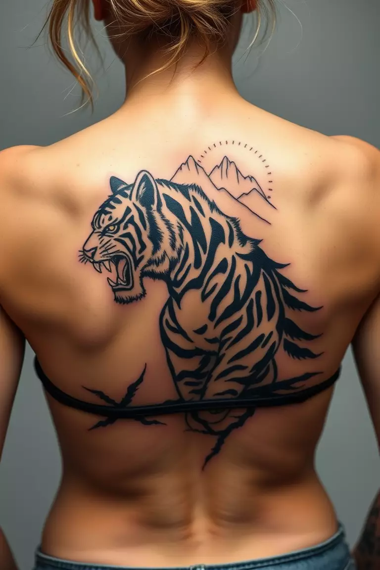 Tiger and Mountain Tattoo A photo of a woman with a tiger and mountain tattoo on her back, illustrating strength and nature in harmony.