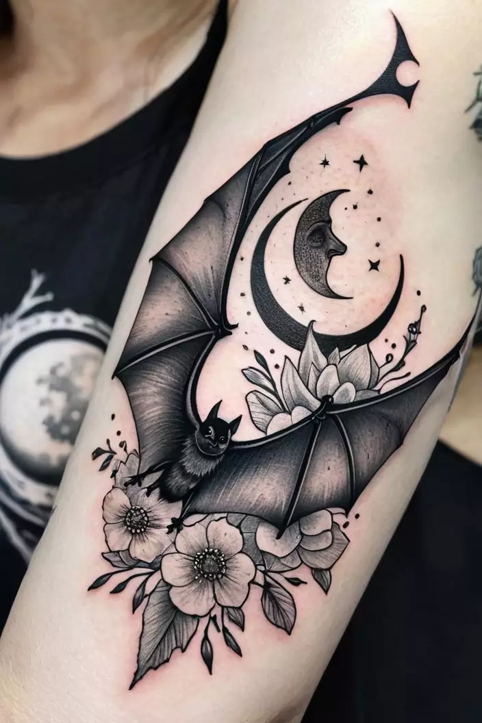 Black and Gray Dotwork Bat Tattoo With Flowers and Moon A close-up photo of a woman showing her black and gray dotwork bat tattoo with flowers and moon elements on her upper arm.