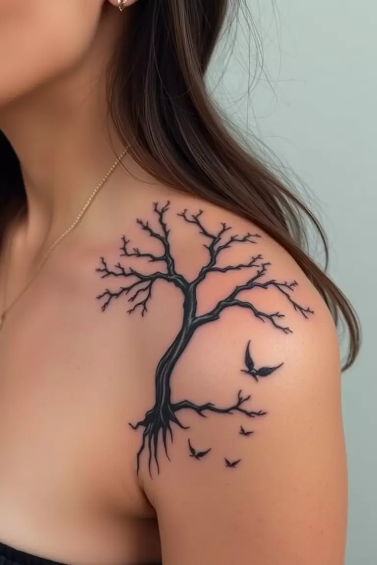Poison Tree Inked On Shoulder A photo of a woman with a poison tree tattoo inked on her shoulder, elegantly merging with her skin tone.