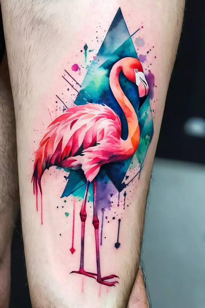 Geometric Watercolor Tattoo Flamingo A close-up photo of a man showing his geometric watercolor tattoo of a flamingo, blending geometric shapes with watercolor effects for a vibrant look.