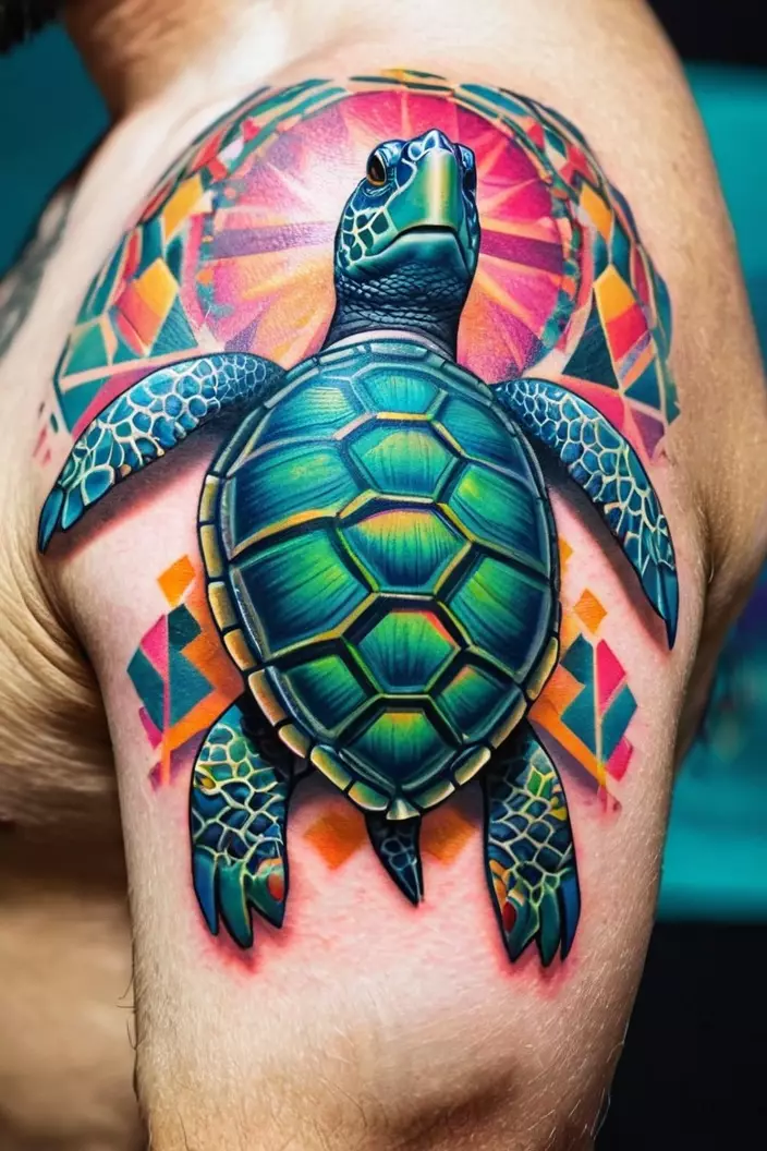 Turtle Tropical Geometric A close-up photo of a man showing his turtle tropical geometric tattoo, featuring vibrant colors and intricate patterns blending a turtle with tropical elements.